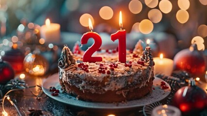 This Festive Birthday Cake With 21 Candles on a Table Decorated With Ornaments and Lights