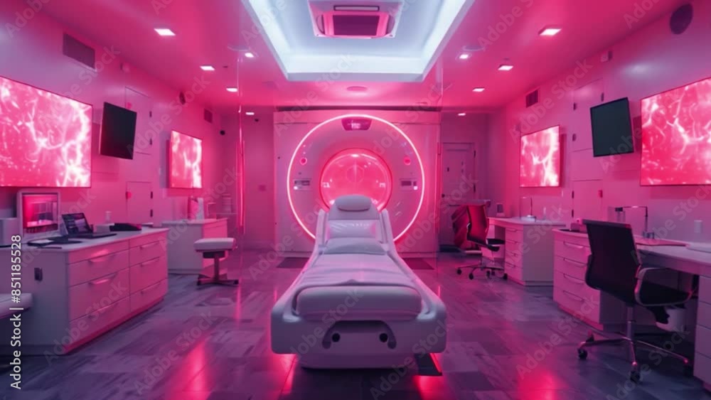 Poster a modern clinic with a holographic display, featuring a white examination table and a sleek, futuris