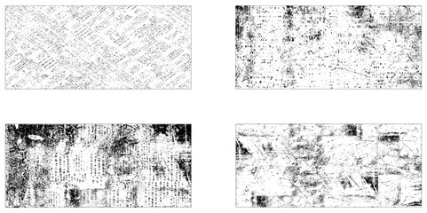 Vector set of grunge overlay textures. Grungy dirty distressed textures set. Collection of 4 grunge texture image. Vector illustration.