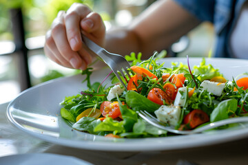 Person enjoying a fresh salad with vibrant vegetables in a relaxed and healthy setting