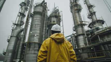 A man in a yellow jacket stands in front of a large industrial plant. The plant is surrounded by tall metal structures and the sky is cloudy. The man is a worker at the plant