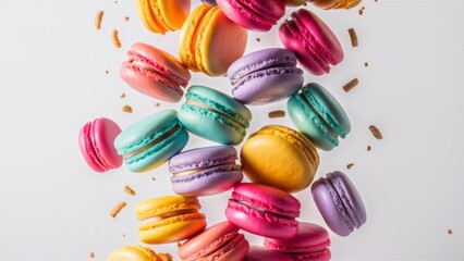 Obraz premium A collection of macaroons floating in mid-air against a pure white background.