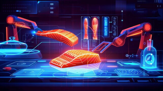 Futuristic robotic arms preparing synthetic meat in a high-tech kitchen, showcasing advanced food technology and innovation.