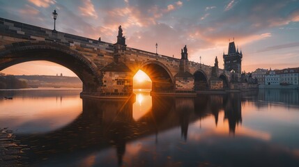 Fototapeta premium Historical stone bridge spanning across a calm river during a golden sunset with glowing warm light reflecting on the peaceful water surface.