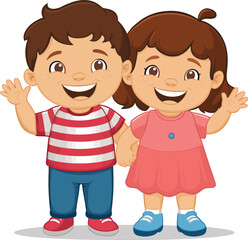 Cute Two happy smiling children cartoon character on white background