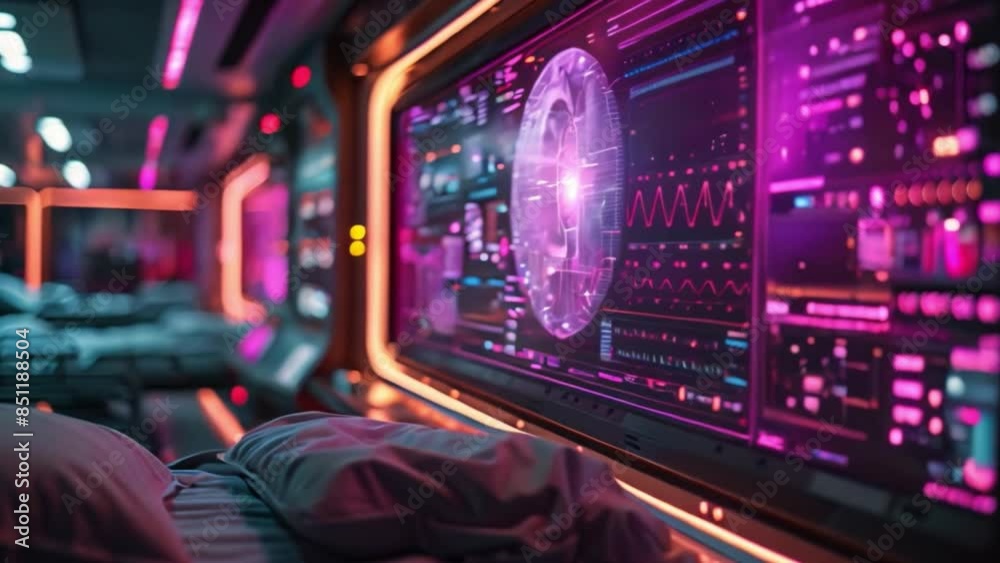 Poster A futuristic hospital room features a large screen displaying a holographic ICU monitoring system with various vital signs and data visualizations.