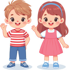 Cute Two happy smiling children cartoon character on white background