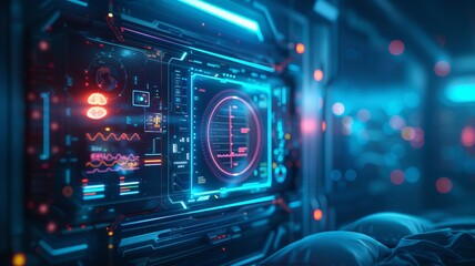 Fototapeta premium Futuristic digital interface showing data visualization on a high-tech display screen with glowing blue and red lights in a server room.