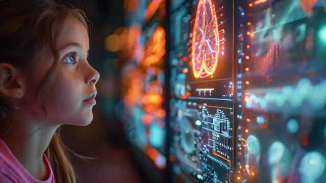 A young girl looks intently at a holographic medical display showing a 3D rendering of an organ. The futuristic technology may be used for pediatric check-ups.