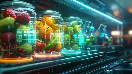 Futuristic food storage jars filled with fresh fruits, illuminated with neon lights in a modern, high-tech environment.