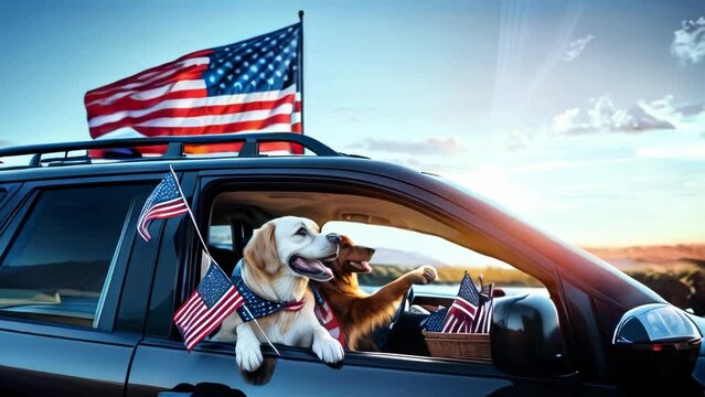 A dog driving a car and carrying a United States flag, celebrating Independence Day on the 4th of July