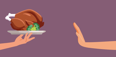 Person Refusing a Full Meal Vector Cartoon Illustration. Vegetarian person saying no to meat dish 
