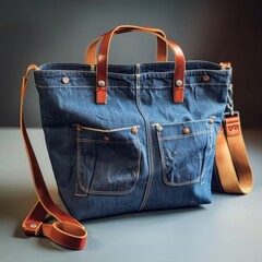 Denim Tote Bag with Leather Straps