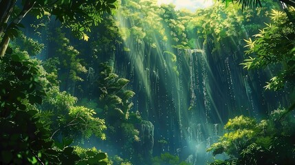 Fototapeta premium a serene forest scene featuring a lush green tree in the foreground, with a tranquil body of water in the background