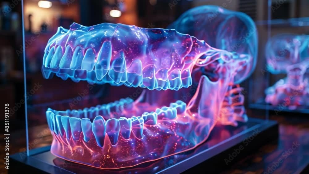 Poster a holographic dental model is displayed in a glass case. the model is a transparent, glowing blue an