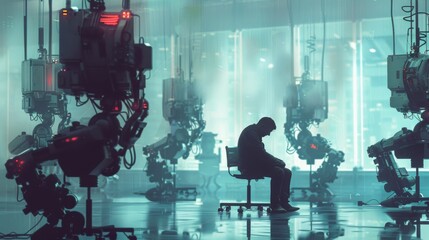 A person sits on a chair in a futuristic laboratory surrounded by advanced robotic machinery and technology, creating a high-tech, sci-fi atmosphere.