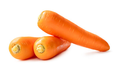 Side view of fresh orange carrots in stack isolated on white background with clipping path