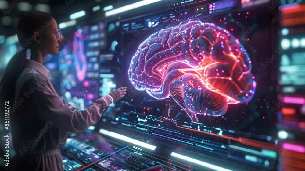 Poster a woman in a white shirt interacts with a holographic display showing a detailed visualization of a 