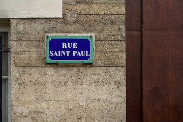 Typical vintage parisian street sign , Rue Saint Paul