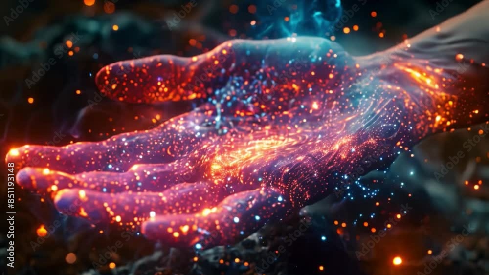 Aufkleber An abstract image depicting a hand engulfed in holographic light and data, representing the future of neurology consultations.