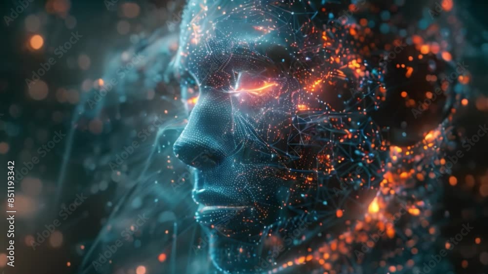 Poster a holographic representation of a human head, rendered in blue and orange hues, with a network of li