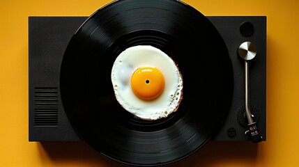 Obraz premium A single fried egg on top of an old record player, minimalistic design,