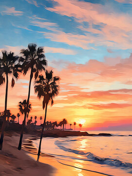Create an artistic digital painting of the California sunset on vsco beach with palm trees