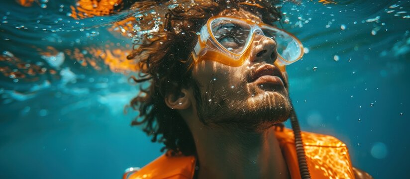 man swimming snorkeling underwater with life jacket