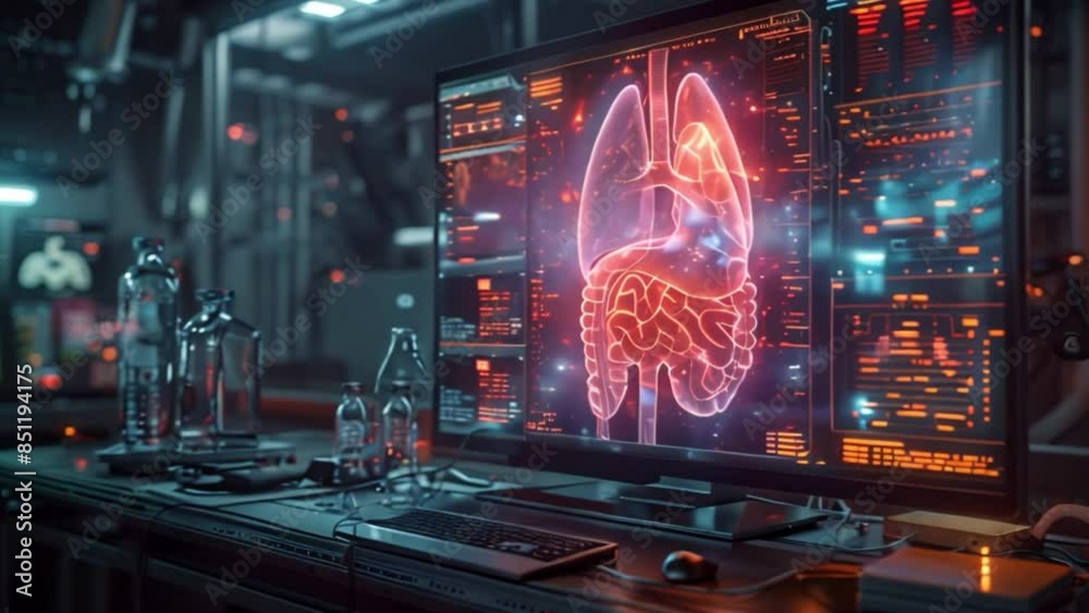 Poster a futuristic lab scene showcasing a holographic display presenting a detailed 3d model of the human 