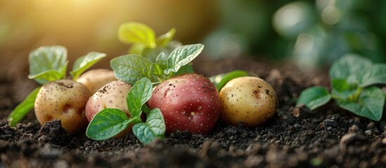 Natural fresh potatoes on the ground, harvest concept