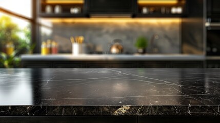 empty beautiful black marble table top counter and blur bokeh modern kitchen interior background in clean and bright.