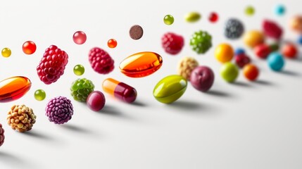 Colorful Vitamins and Berries Floating on a White Background