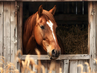 Naklejka premium Beautiful Chestnut Horse in Wooden Stable with Hay Background, Close-Up of Horse's Head Looking Out from Barn Window, Serene Rural Farm Scene, Perfect for Equestrian and Animal Lovers