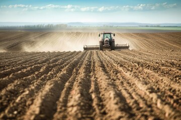 Fototapeta premium Agricultural scene - a tractor plowing the field, turning the soil for the new planting season, enhancing crop growth, and contributing to sustainable farming practices.