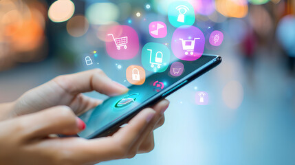 Close-up of hands holding a smart phone with shopping icon