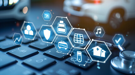 Digital interface showing various types of insurance with car model on keyboard