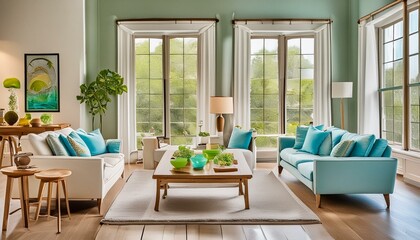 Obraz premium comfortable living family room, beautiful, contemporary, modern, furniture, decor, table, windows, design, house, home, white, blue