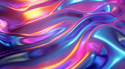 3D render of colorful neon waves on a metallic holographic liquid metal background with a fluid wave design and metallic color gradients creating a flowing fabric effect