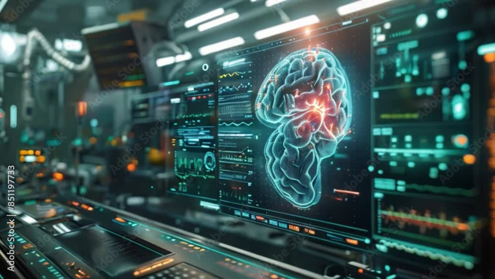 Poster a holographic image of a brain appears on a medical monitor in a hospital setting. a blurred figure 