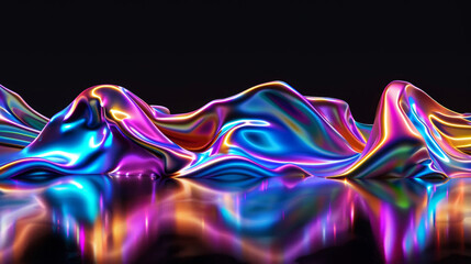 3D render of colorful neon holographic fluid, waves and cloth with reflection on a black background