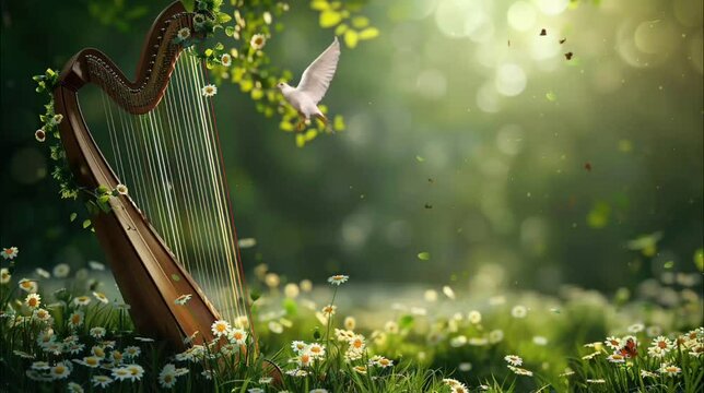 Harp and dove in the park. Seamless looping time-lapse 4k video animation background