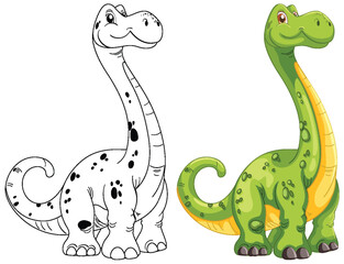 Adorable dinosaur in color and outline versions