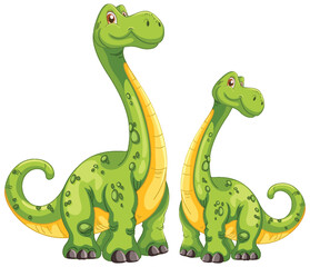 Two smiling green dinosaurs standing together