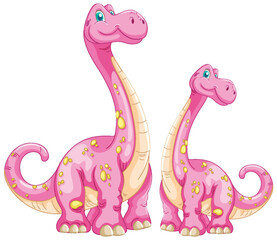 Two smiling pink dinosaurs standing together