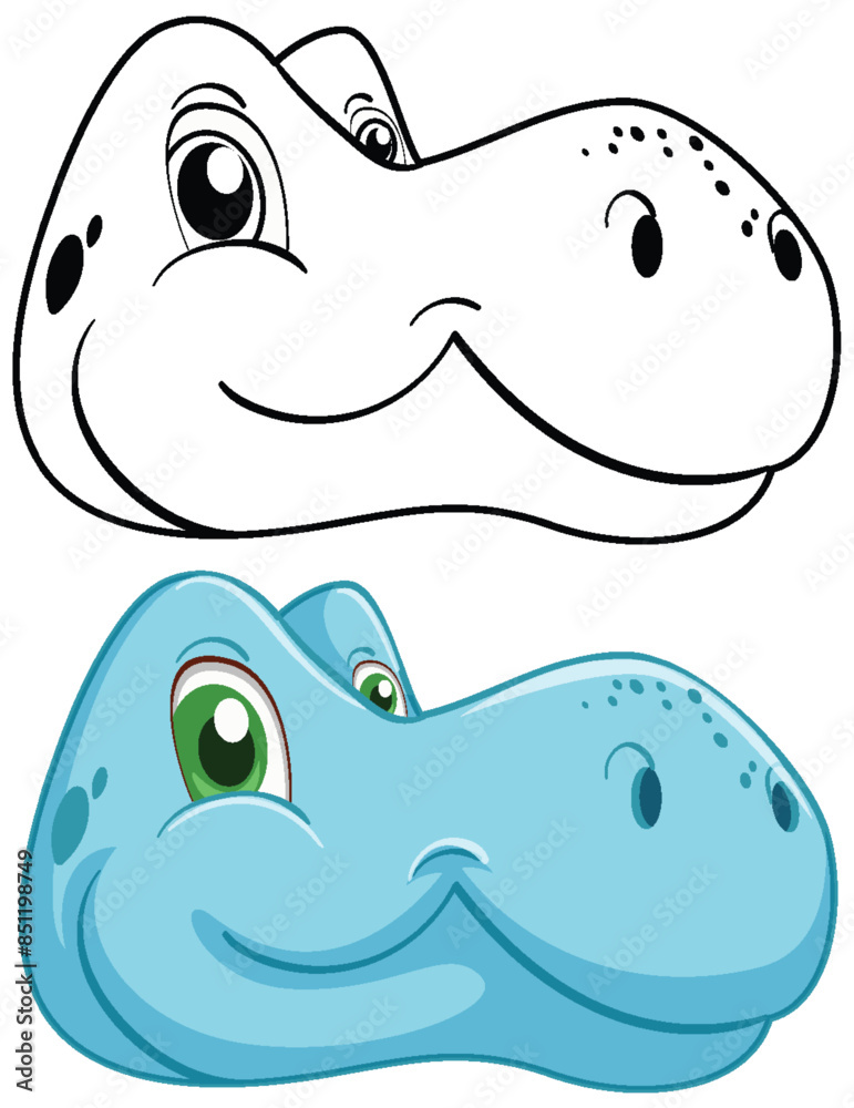 Sticker Smiling dinosaur head in color and outline