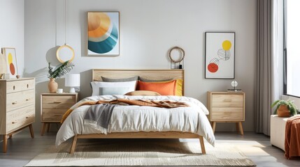 Obraz premium Modern Bedroom Interior with Wooden Furniture and Abstract Art