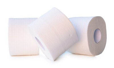 Side view of three tissue paper rolls or toilet paper in stack isolated on white background with clipping path