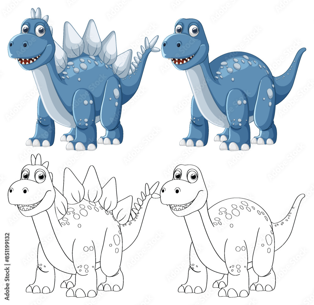 Sticker Colorful and black-and-white dinosaur vector illustrations