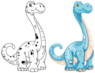 Cute dinosaur in color and outline versions