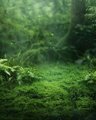 Green moss and background. Backdrop for displaying products. Dark forest background - generative ai